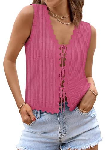 Image of COCCKO Womens Summer Tops Vacation Beach Outfits Cute Tie Front Crochet Vest Knit Sleeveless Sweaters