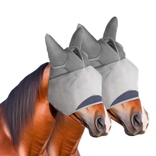 2pcs Horse Fly Mask, Super Comfort Fly Masks for Horses, Adjustable UV Protection Breathability Horses Fly Masks with Ears, Pony Mini Equine Fly Mask (2pcs, Large)