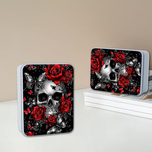 Image of Metal Tin Box with Lid,Multi-functional Storage Box Can Store Tea Biscuits Game Cards, Playing & Tarot Cards-Comes with 4 Magnetic Cord Clips,Skull Roses Butterfly