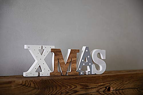 HEITMANN DECO Schriftzug Xmas aus Holz - weiß/grau/braun - mit Punkten und Sternen - Aufsteller - Weihnachtsdekoration, 30 x 2.3 x 10 cm
