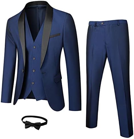 MYS Mens 3-Piece Suit Shawl Lapel One Button Tuxedo Winter Fabric Slim Fit Premium Dinner Jacket Vest Pants & Tie Set Deep Blue