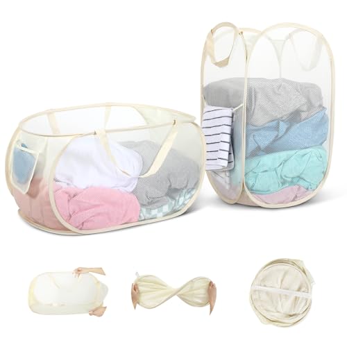 WUFANC Cesto Ropa Plegable Colada Emergente Paquete De 2 (34 * 34 * 60cm/28 * 33 * 59cm), Hecha Material De Malla Con Asa Adecuada Cesta Plegable Colada, Para Baño, Camping, Dormitorio Universitario