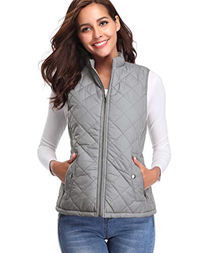 fuinloth Women's Padded Vest, Stand Collar Lightweight Zip Quilted Gilet Gray XL