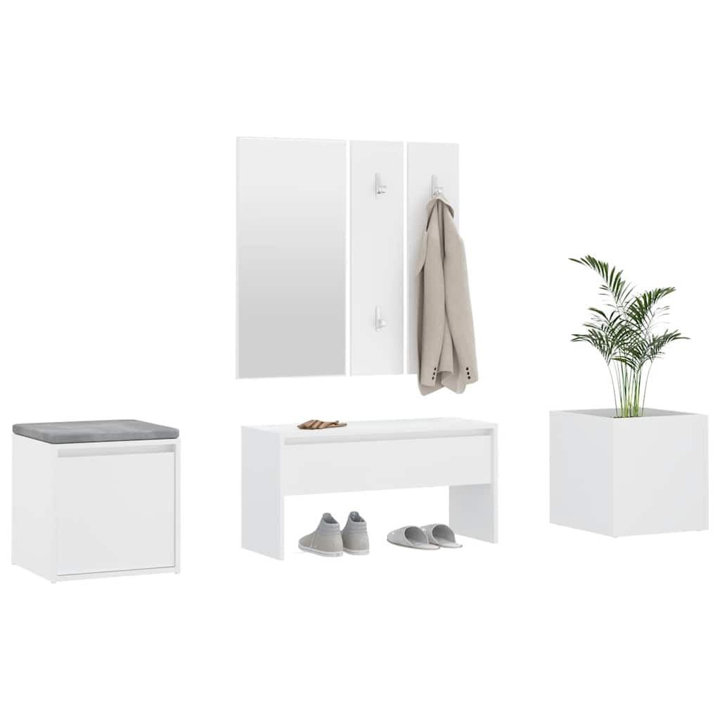 Juego de perchero de madera con espejo, color blanco | Banco de pasillo con cajón, caja de almacenamiento, jardinera, asiento hasta 110 kg