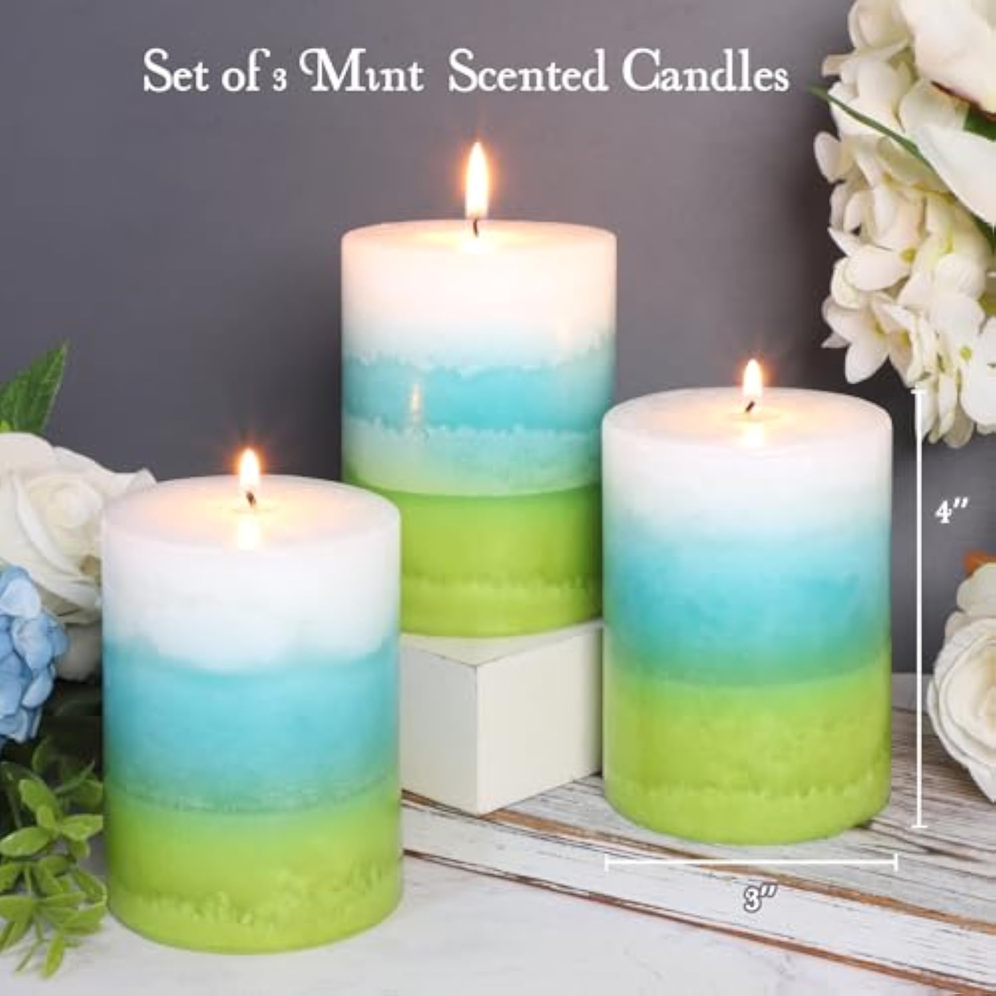 Mint Scented Pillar Candles, 3 x 4 Inch, Smokeless & Dripless