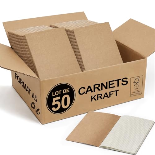 Carnets Kraft A5 par lot de 50 pour l'école avec 60 pages quadrillées 5x5