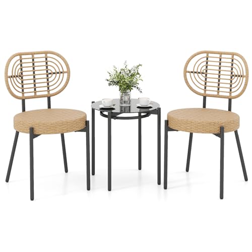 COSTWAY Salon de Jardin 3 PCS en Résine Tressée PE, Ensemble de Meuble Bistro avec Table Basse en Verre Trempé et Fauteuils en Rotin, pour Véranda Balcon...