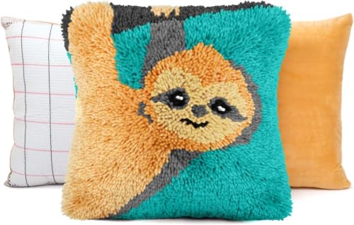 Image of clubevy DIY Latch Hook Kits Pillow Case Embroidery Carpet Set Needlework Pillow Cover Sofa Cushion Cover Craft Kits 17x17 inch (Sloth)