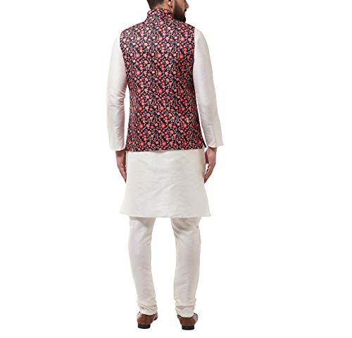 Image of SOJANYA (Since 1958, Men's Silk Blend Pink Kurta Pyjama & Printed Nehrujacket Combo