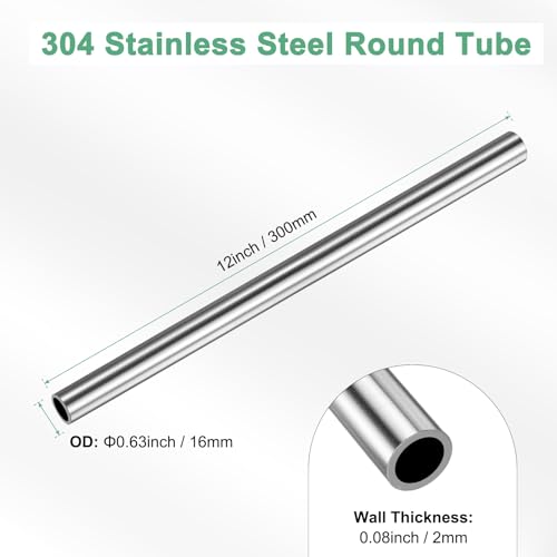 M METERXITY 300mm 304 Edelstahlrohr, 16mm Außendurchmesser 2mm Wandstärke Nahtloses Edelstahlrohr für Bau/Maschinenbau/DIY-Basteln, Metallgerades Rohr [16x0.08x12IN]