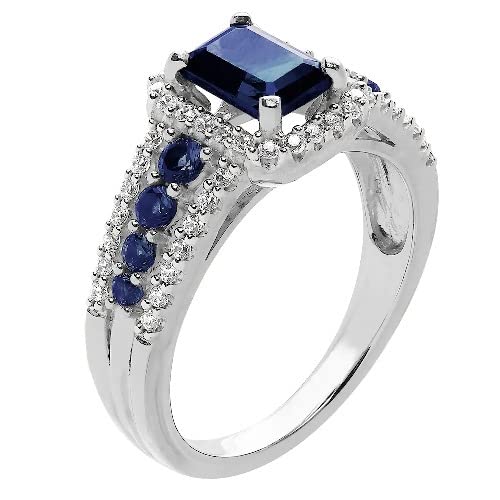 2.10 Cttw Emerald Shape Simulated Blue Sapphire & White Cubic Zirconia Wedding Engagement Ring in 14K White Gold Plated 925 Sterling Silver2