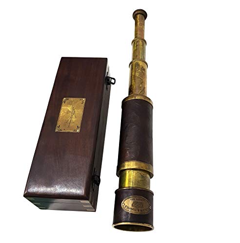 Antique Brass Leather Telescope Kelvin & Hughes London 1917 Nautical Functional Handheld Pirate Spyglass Vintage Collectible Wooden Box