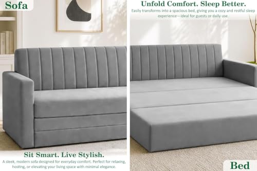 Image of Modern 3 Seater Sofa Cum Bed with Armrest, Velvet Fabric Couch for Living Room, Space Saving Foldable Sleeper Sofa, (Grey-Color)