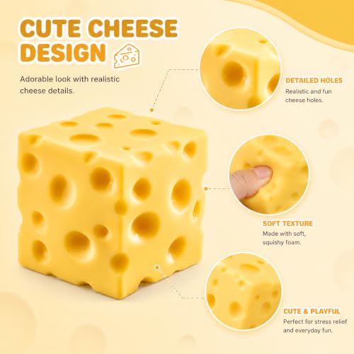Big Cheese Squishy Toy, Jumbo Soft Sensory Cheese Block Stress Ball, Large Slow Rising Squeeze Fidget Toys for Adults , Giant Realistic Cheese Cube Novelty Gift for Relax and Focus (3.9in)