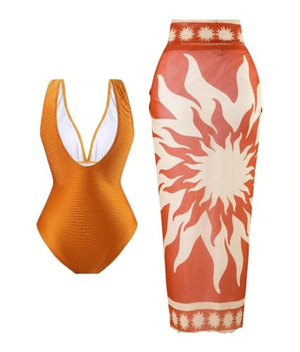 Women Sexy Deep V-Neck Ruched Gold Deco Swimsuit Vintage Stretchy Open Back Bikini Sets with Swim Dress2