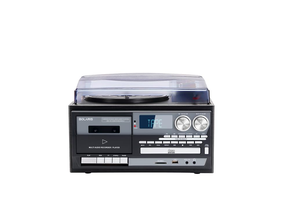 Tocadiscos de vinilo Bluetooth 5.0, 10 W, multifunción, 10 W, RMS, CD, casete, FM, grabación USB/SD, color negro