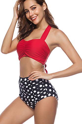 Cherry Cat Vintage Polka Dot High Waisted Swimsuits Bikini Set (Red,L) #TOP2