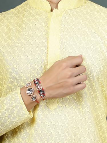 Image of Sukkhi Rakhi Excellent Kundan & Pearls Designer Gold Plated Premium Rakhi for Brother With Roli Chawal & Greeting Card | Kundan Rakhi Combo-Set of 2