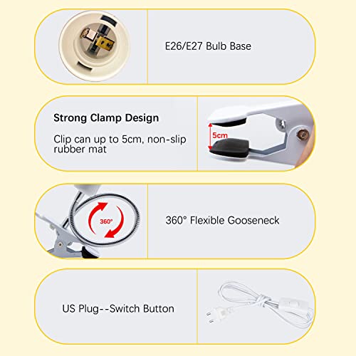 Eagbub Clip Lamp Holder,2Pack Desk Lamp Bulb Socket,360 Degree Rotating Adjustable Stand,Gooseneck Clip Light Adapter,E26/E27 Clip-On Lamp Holder With On/Off Switch For Study Reading Work Sleep,White #TOP3