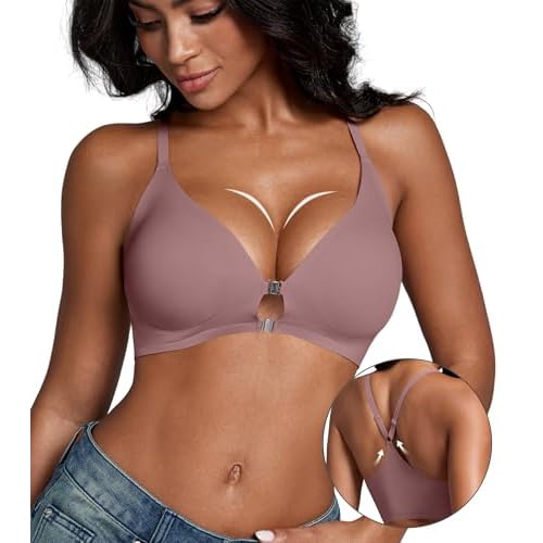 DEANGELMON Front Closure Bras for Women Racerback Bra No Underwire Seamless Push Up T-Shirts Bras Supportive Womens Bralettes Purple Large