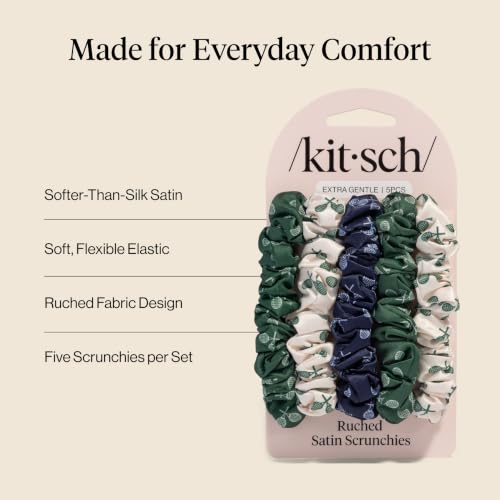 Image of Kitsch Ruched Satin Scrunchies for Women - Cream, Court Green & Navy Blue | Wake Up Frizz-Free, No Crease Hair Ties, Softer Than Silk Scrunchies, Stylish Hair Accessories For All Hair Types - 5pcs