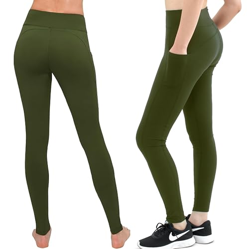 satina high waisted olive leggings for women - soft, stretchy leggings with side pockets - full length yoga pants for women - tummy control and buttery soft fabric for all-day comfort