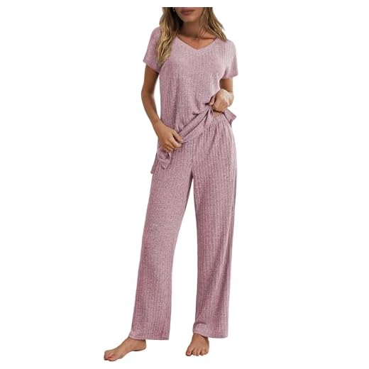 Ekouaer Conjunto de pijama feminino de malha canelada de manga curta e calça longa, gola V, 2 peças, Roxo, vermelho, G