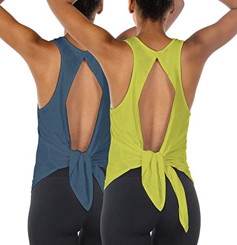 icyzone Sexy Yoga Tops Workout Clothes Racerback Tank Top for Sport Women (S, Harbor Blue/Mustard)(Pack of 2)