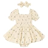 GRNSHTS Baby Girl Romper Dress, Puff Sleeve Smocked Outfit with Headband for Infants Soft Cotton Photo Shoot 3-6 Months