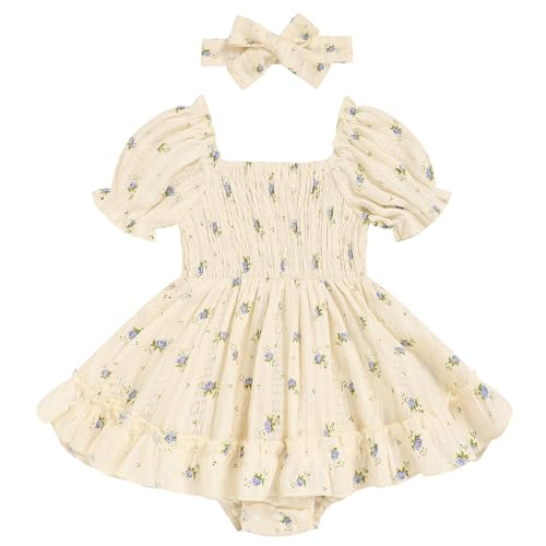 Image of GRNSHTS Baby Girl Romper Dress, Puff Sleeve Smocked Outfit with Headband for Infants Soft Cotton Photo Shoot