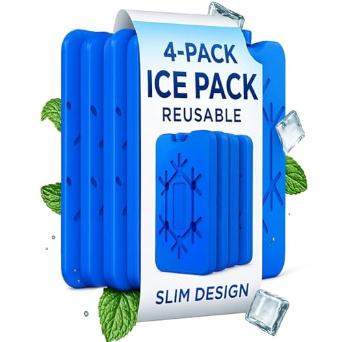 AMERTEER 4-Pack Lunch Box Ice Pack | Reusable Slim Freezer Bag for Refrigeration Cooler Bag for Work School Picnic or Camping | Keeps Food Fresh Lightweight Design for Easy Portability