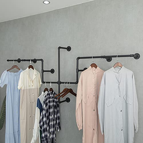 Civana Industrial Pipe Clothing Rack, Wall Mounted Garment Hanging Bar, Iron Commercial Clothes Hanger, Garment Display Rack For Retail, Boutiques, 86.6In, Black #TOP1
