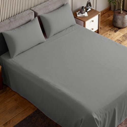 Image of haus & kinder Bedsheet King Size, 300 TC Cotton Sateen Weave, Flat Bedsheet for King Size Bed, Silky Smooth (Fogstone, 108x108)