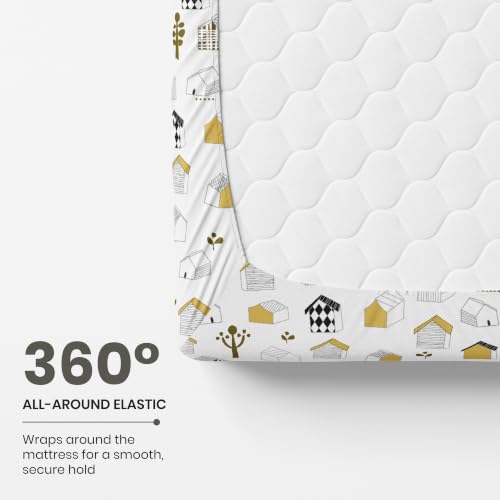 Image of LORETO - A QUALITY LINEN BRAND 144 TC 100% Pure Cotton King Size Fitted Bedsheet with 2 Pillow Covers for 72 x 72 Inch Mattress, All-Around Elastic, 8 Inch Deep Pocket, White Kids House Pattern