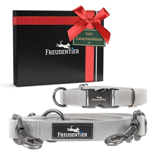 VELVETIER® Paris | Halsband Hund im Set mit Leine & Beutelspender | Veganes Leder | Hunde Halsbänder, Hundehalsband | Hundeleine 2m, Hundeleine mit Halsband | M/L: 40-64cm