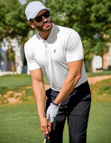 JMIERR Mens Golf Shirt Moisture Wicking Quick-Dry Henley Shirt Short Sleeve Casual Button Down Polo T Shirts for Men, M, White