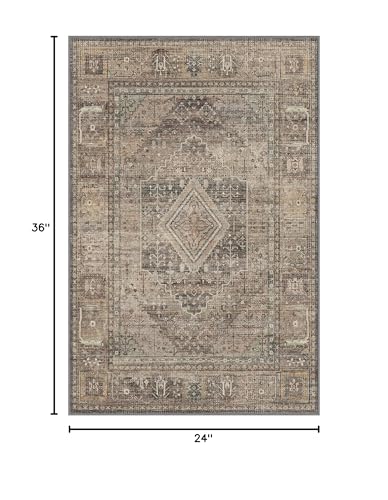 GENIMO 2x3 Hallway Runner Rug, Machine Washable Boho Vintage Runners Non Slip, Printed Thin Low Pile Lightweight Chenille Carpet Runner for Entryway, Kitchen, Bathroom, Bedroom, TAN