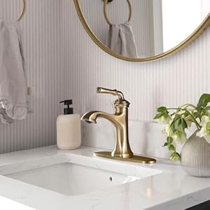   RBROHANT-Brass-Brushed-Gold-Bathroom-Faucets-with-Pop-up-Drain-and-10-Deck-Plate-Single-Handle-Bathroom-Faucet-for-1-Hole-or-3-Hole-Sink-Deck-Mounted-Supply-Lines-Included-BF65007BGPD