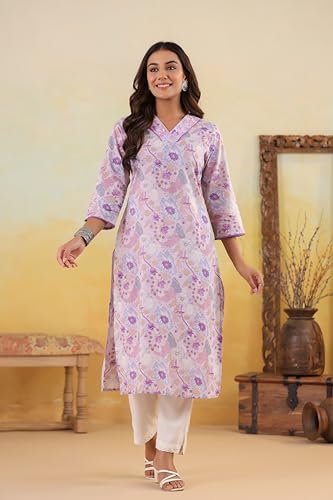 Image of Ichaa Women's Pure Cotton Embroidered V-Neck Ethnic Kurta with 3 /4th Sleeve for Daily and Office Wear, in Plus Sizes