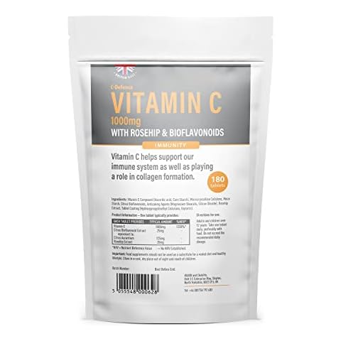 High Strength Vitamin C Tablets - [1000mg Per Daily Dose] with Rosehip + Bioflavonoids | 180 Tablets | High Strength | Assists Immune Health & Colds by Club Vits Cover