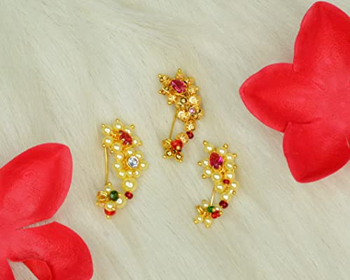 Image of Medium Size Traditional Maharashtrian Banu Nath Nose ring without piercing Pearl Gold Plated Nath Combo Clip On Nose Ring For Women