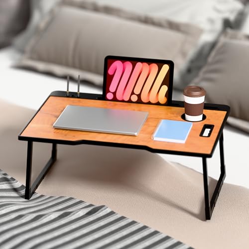 Image of LIDBOX Smart Multipurpose Foldable Laptop Table with Cup Holder, Study Table, Bed Table, Breakfast Table, Foldable and Portable /Ergonomic & Rounded Edges /Non-Slip Legs (COT Wood)