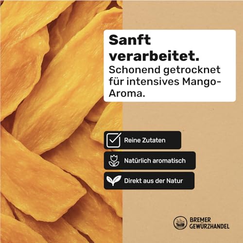 Bremer Gewürzhandel Mango, getrocknet 1 Kg ungeschwefelte Mangostreifen ohne Zuckerzusatz - getrocknete Früchte, Trockenfrüchte, Trockenobst, ungezuckert, dried mango, dried fruit