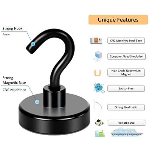 Neosmuk Magnetic Hooks Heavy Duty,10lb Strong Magnet with Hook for Fridge, Super Neodymium Extra Strength Industrial Hooks for Hanging, Magnetic Hanger for Toolbox, Cruise, Grill(Matte Black,6 Pack) - Thumbnail 2