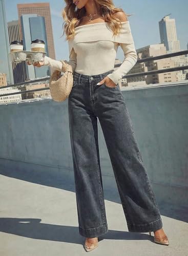 Image of Dokotoo Women's Casual High Waisted Jeans Stretch Wide Leg Loose Denim Pant