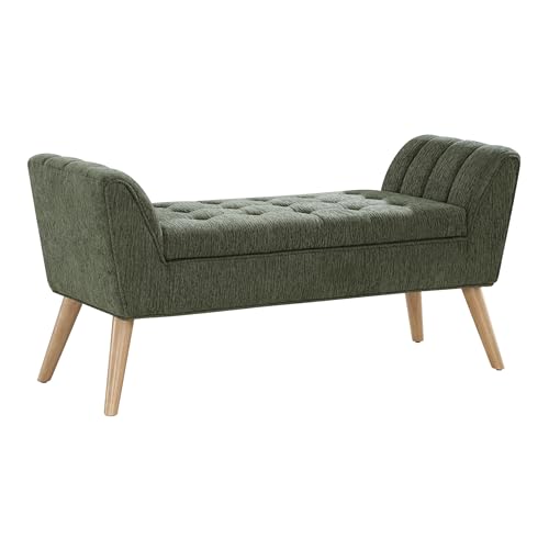 Image of OSP Home Furnishings Castile Mid-Century Modern Storage Bench with Natural Legs, Green Pine Fabric