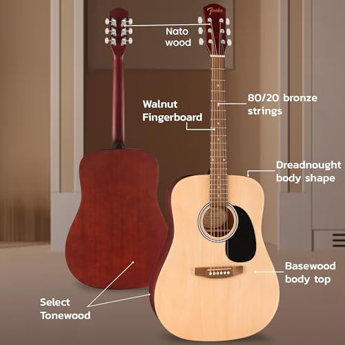 Fender Dreadnought Acoustic Guitar - Natural Bundle with Gig Bag, Strap, Strings, Picks, and Austin Bazaar Instructional Video