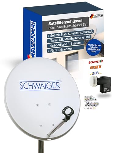 SCHWAIGER Satellitenschüssel Komplettset - Ø 60 cm Stahl Offset Antenne in Hellgrau - Inkl. sonnengeschütztes Twin LNB - Digital HD & 4K Empfang - Hitzebeständig & wetterfest