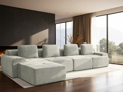 Image of 159 inch L-Shaped Modular Sectional Sofa, Oversized Boneless Cloud Couch for Living Room with Extra Deep Seat & High Back, Tool-Free No Assembly, Soft Chenille (Light Grey, 159 inch-L Shaped（4+1）)