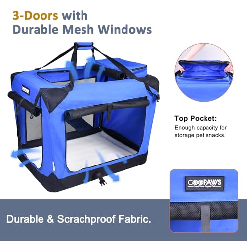 JESPET 36'' Soft Dog Crates Kennel for Pets, 3 Door Soft Sided Folding Travel Pet Carrier with Straps and Fleece Mat for Dogs, Cats, Rabbits, Grey Blue & Beige (36" L x 24" W x 27" H, Blue) - Thumbnail 2